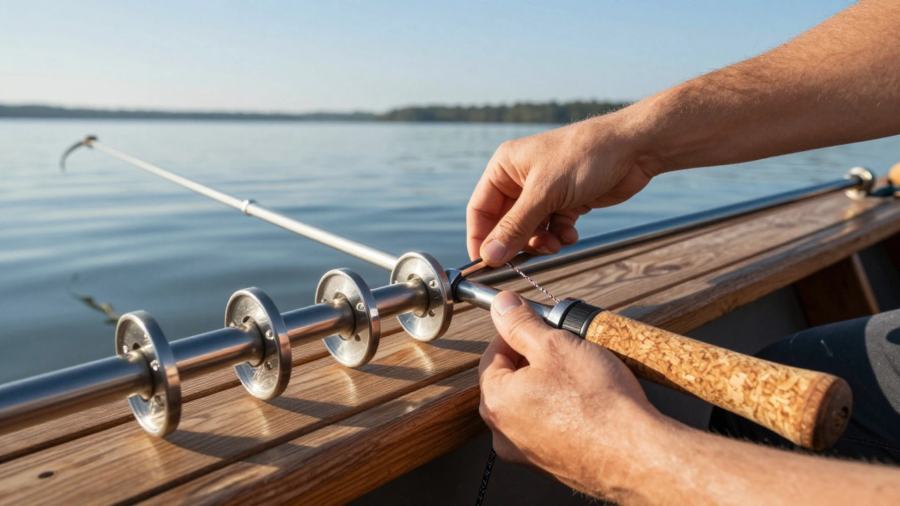 Осмотр пропускных колец спиннинга рыбаком на деревянной скамейке.