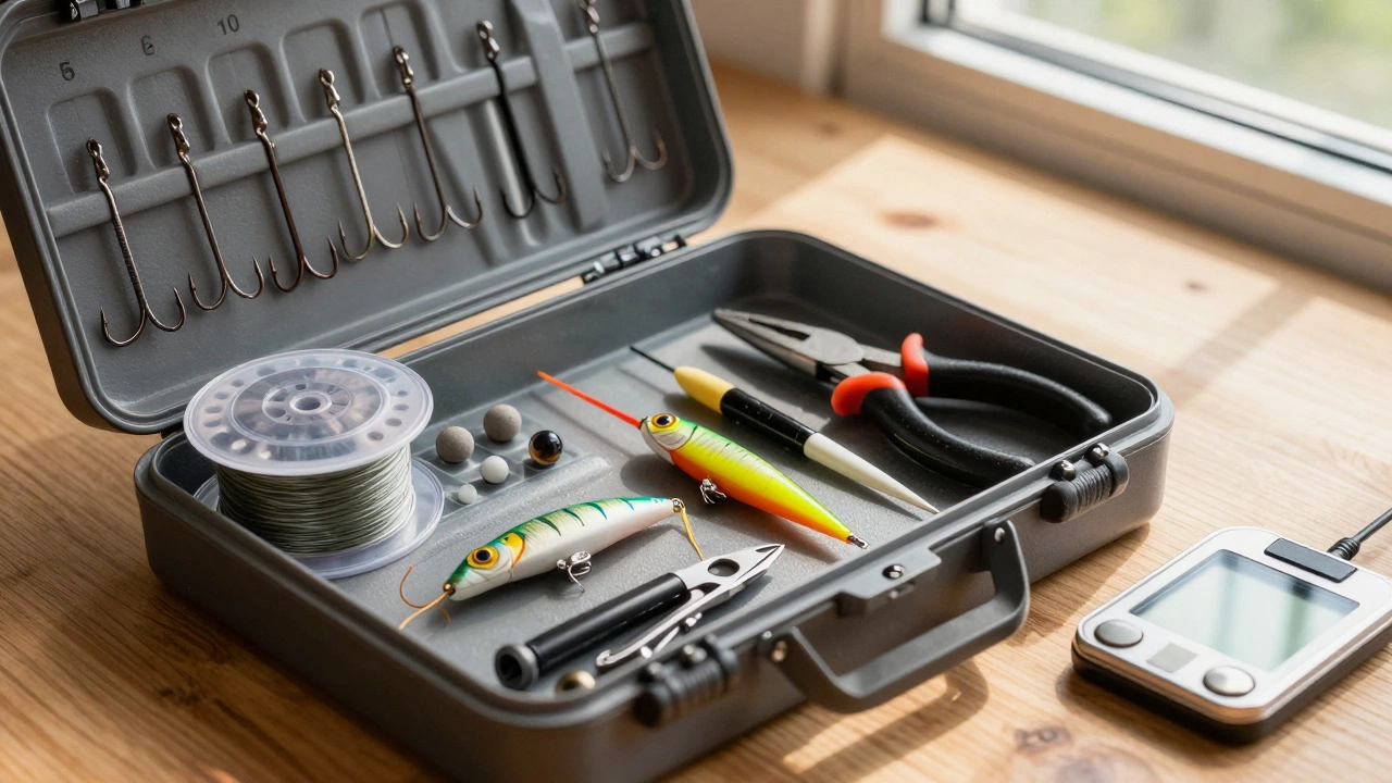 Открытая рыболовная сумка с крючками, леской, грузилами, приманками, клещами и ножом на деревянном столе.
