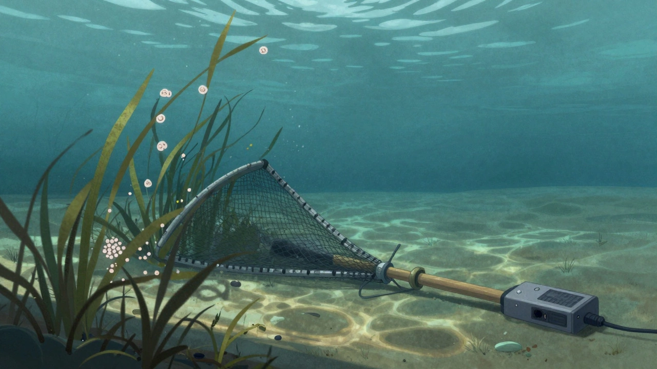Подводный вид нерестилища с икрой и брошенными незаконными сетями на дне реки.