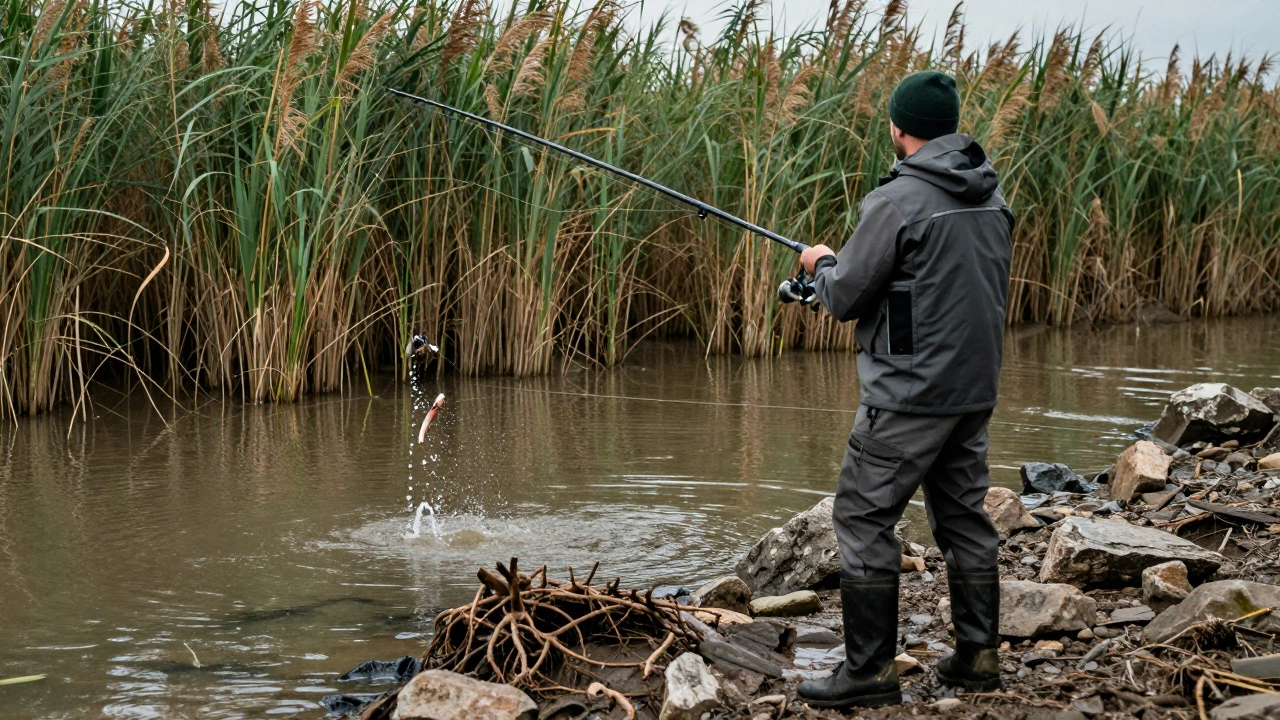 Рыбак делает заброс спиннинга на перспективную отмель.