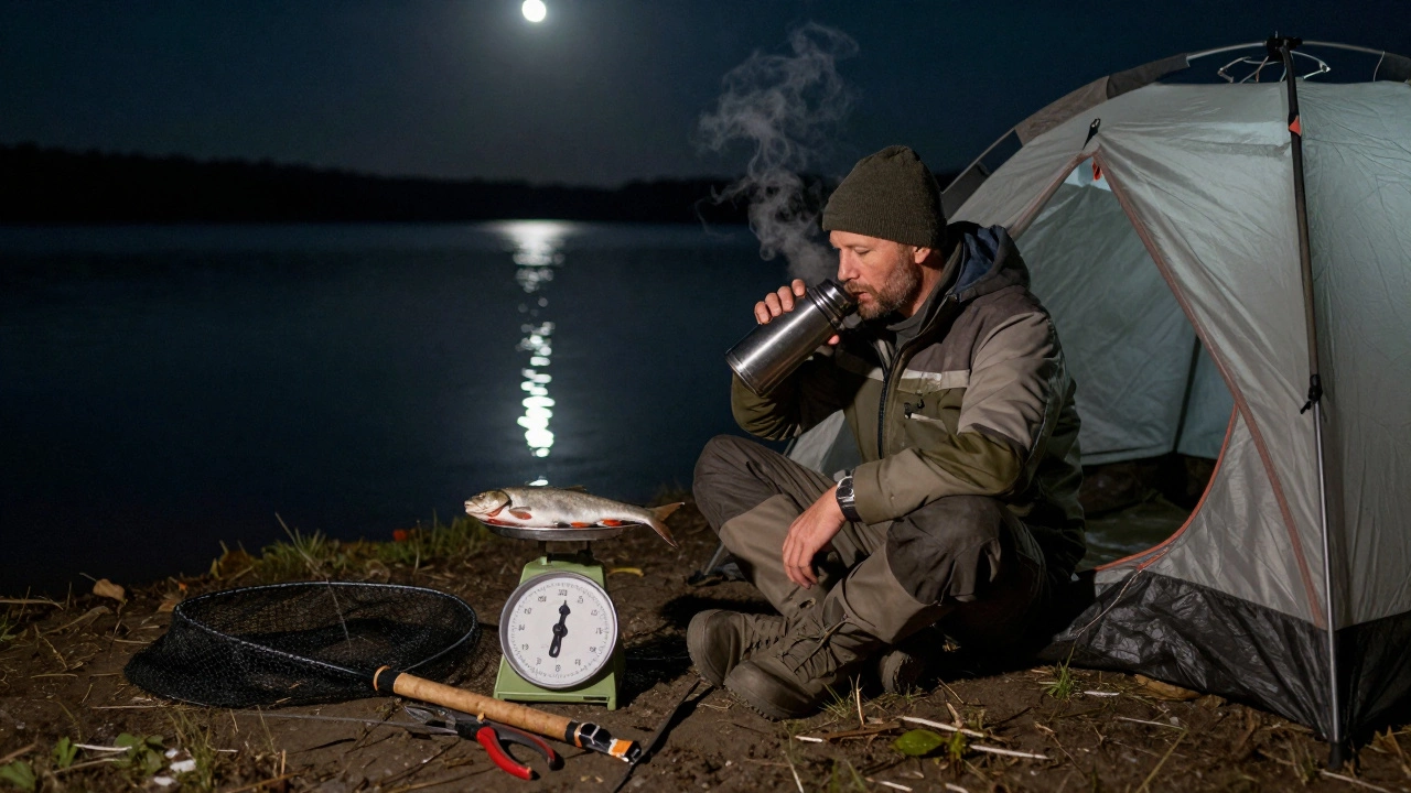 Рыбак в палатке пьёт чай из термоса ночью, рядом — пойманная рыба на весах и сломанная удочка.