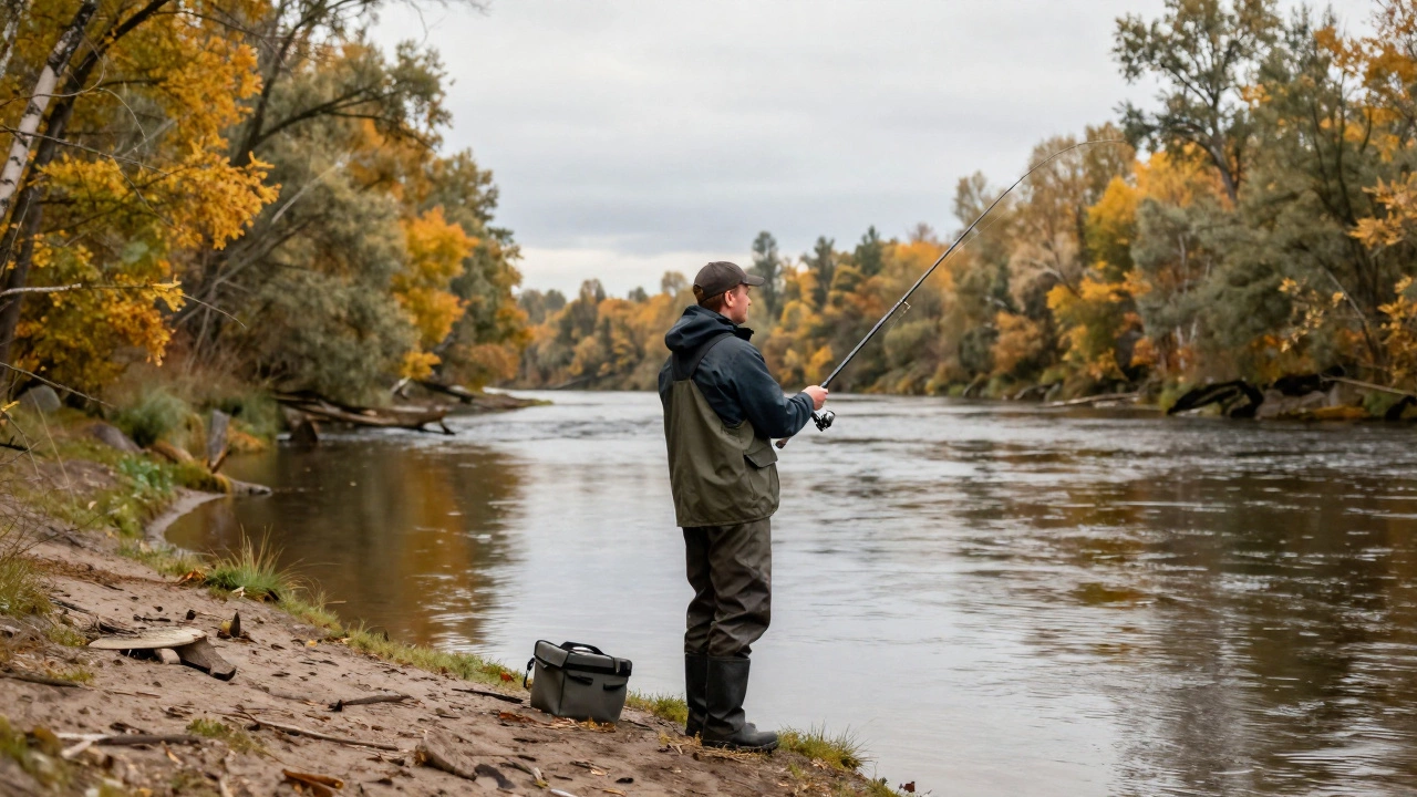 Рыбак закидывает спиннинг с берега реки среди осенних деревьев.