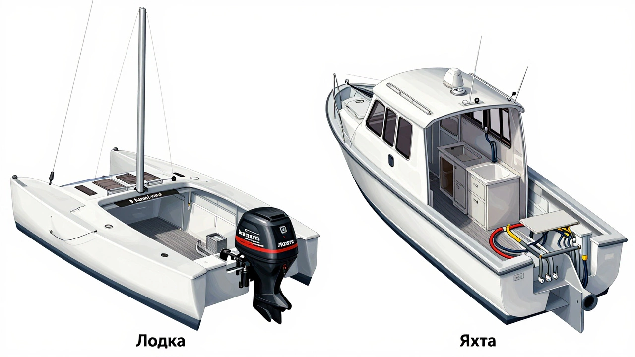 Сравнение лодки без каюты и яхты с жилыми системами в техническом стиле.