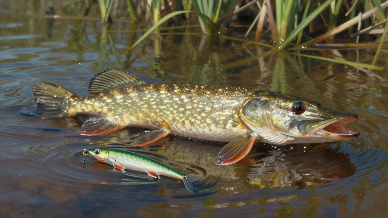 Щука преследует медленно тонущую искусственную приманку, имитирующую раненую рыбку.
