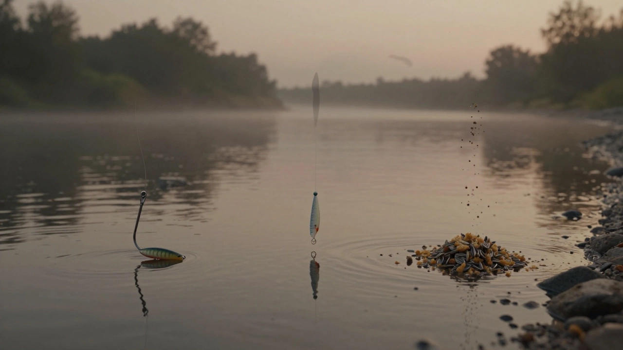 Три типа приманок и прикормки на берегу реки, привлекающие рыбу разными способами.