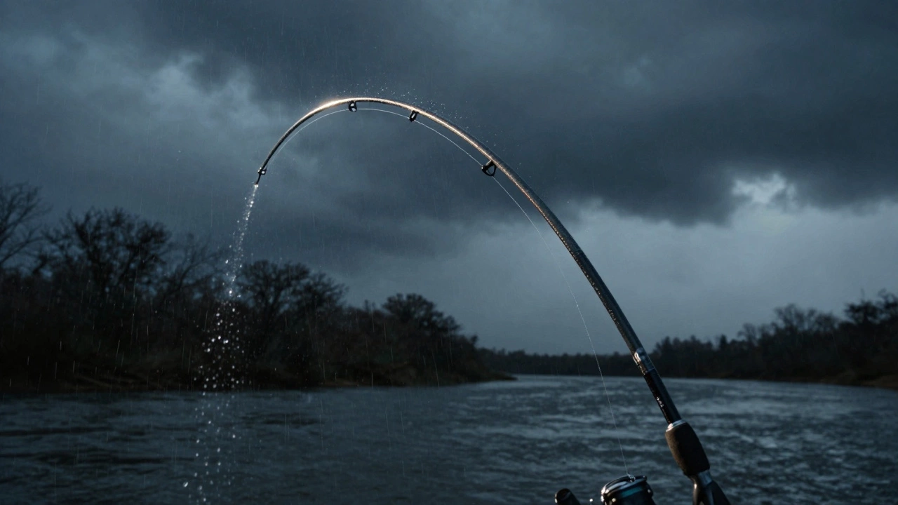 Удилище сильно согнуто под нагрузкой, брызги воды вокруг наконечника.
