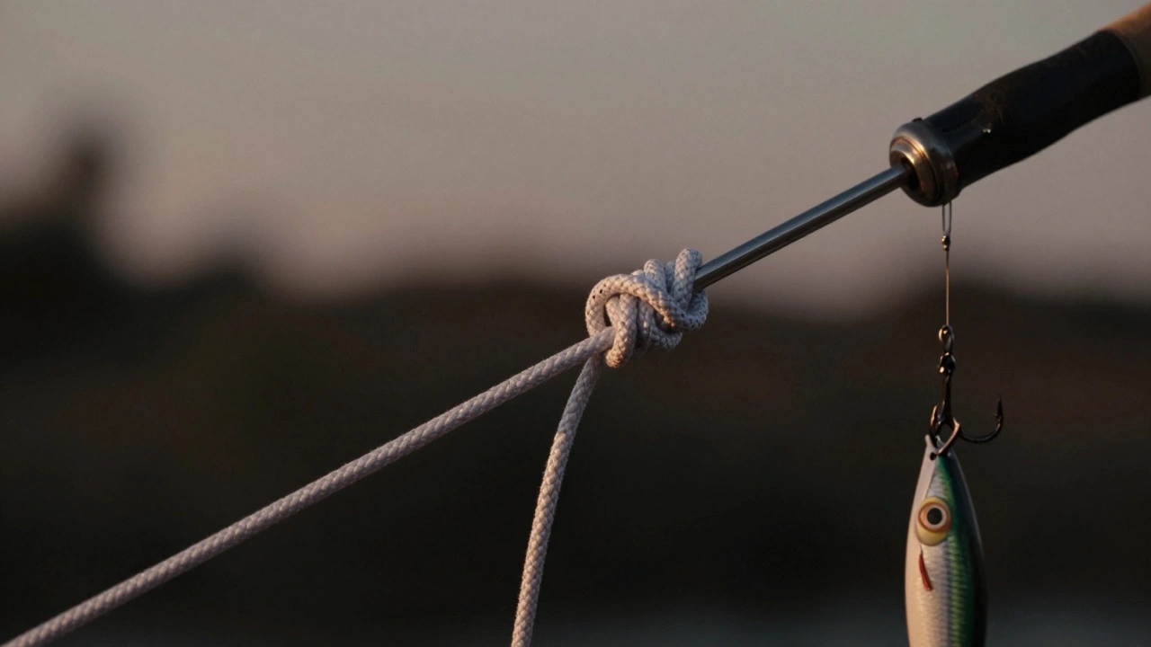 Узел Паломар на плетеной леске с крючком и приманкой на фоне сумерек.