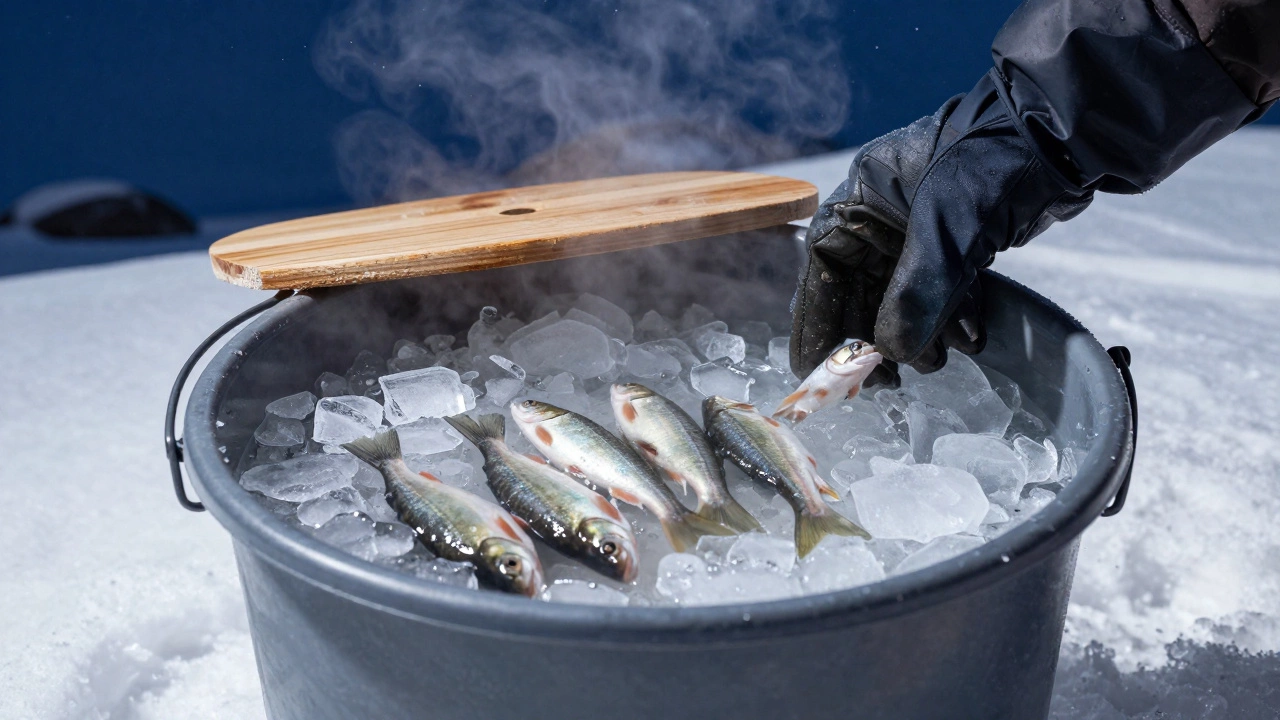 Ведро со льдом и водой с живцами на снегу под звёздным небом