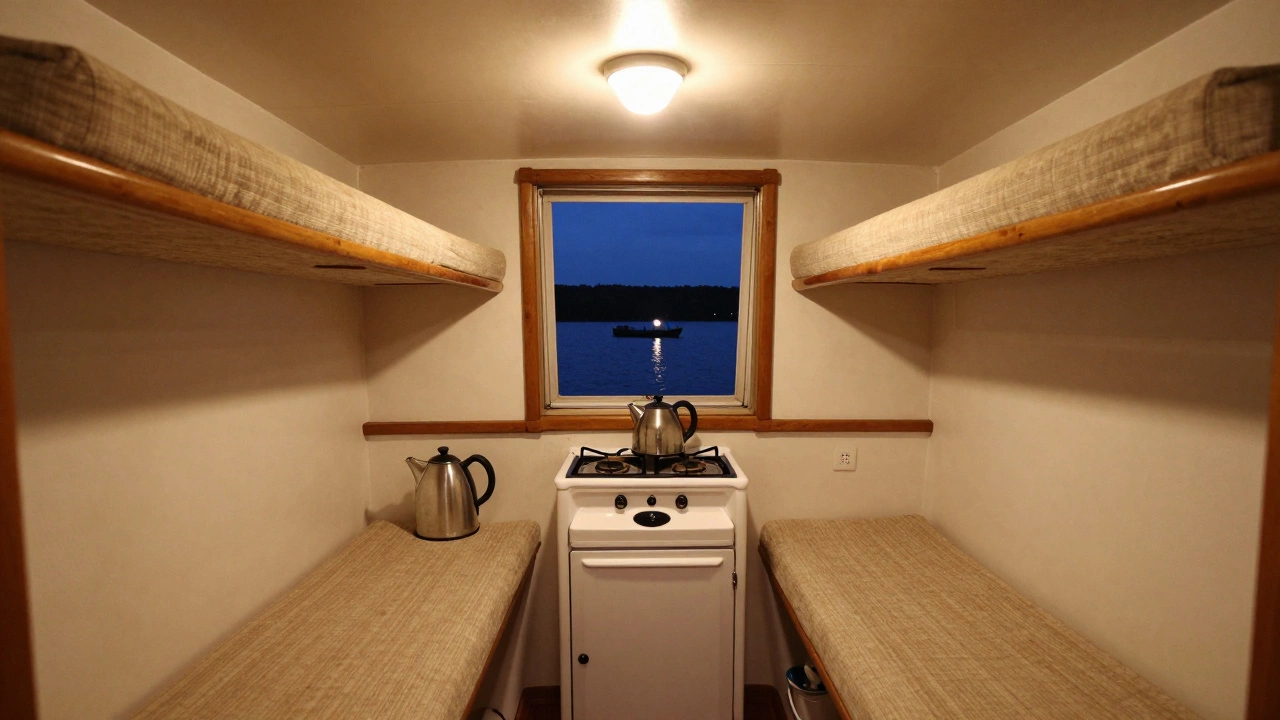 Внутри скромной яхты: кровати, плита, унитаз и свет — ночью на озере.