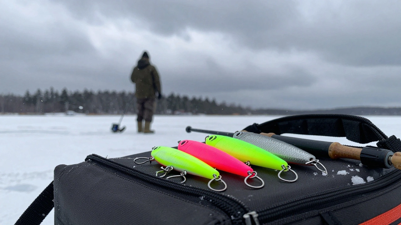 Яркие рыболовные приманки на снегу перед началом снегопада