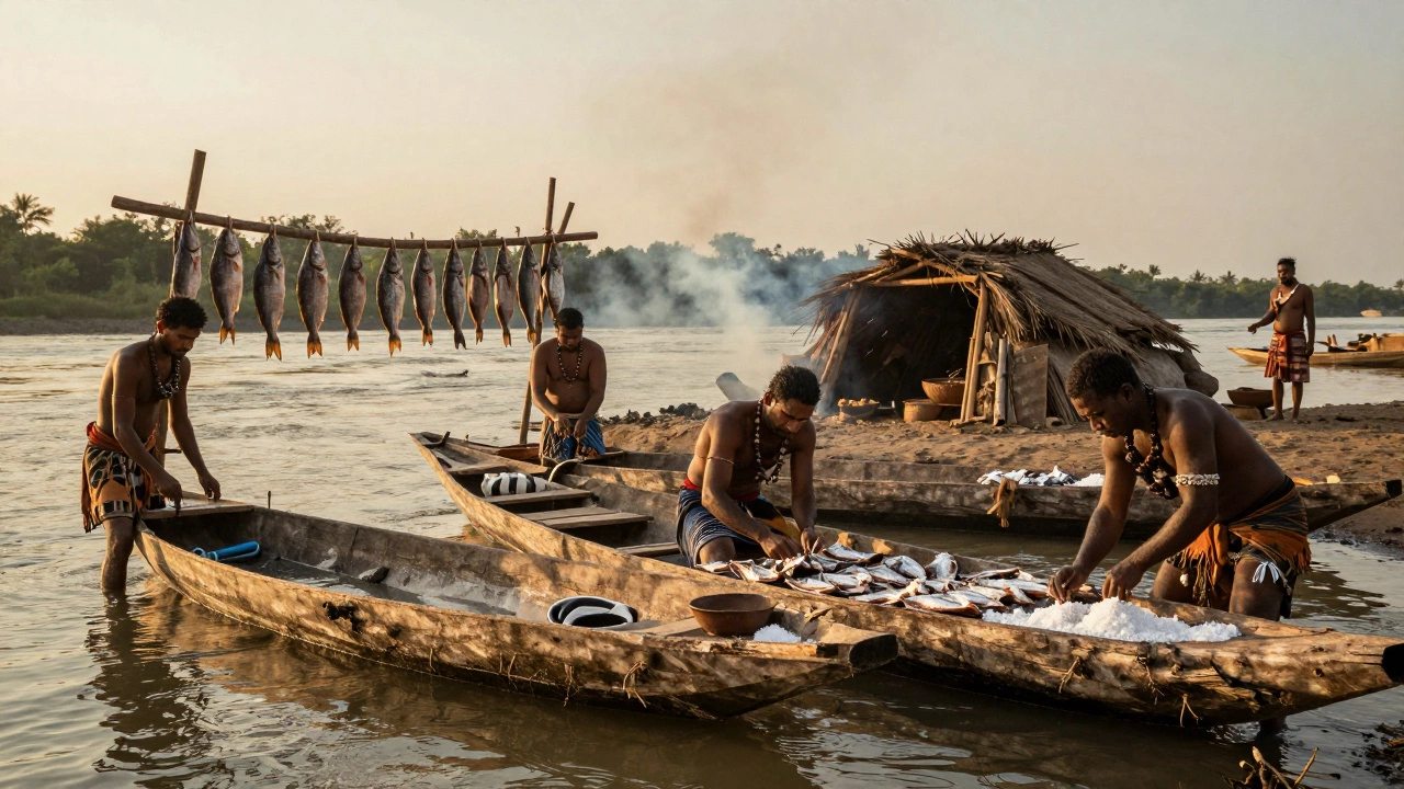 Древнее поселение с лодками-долбленками и процессом засолки рыбы