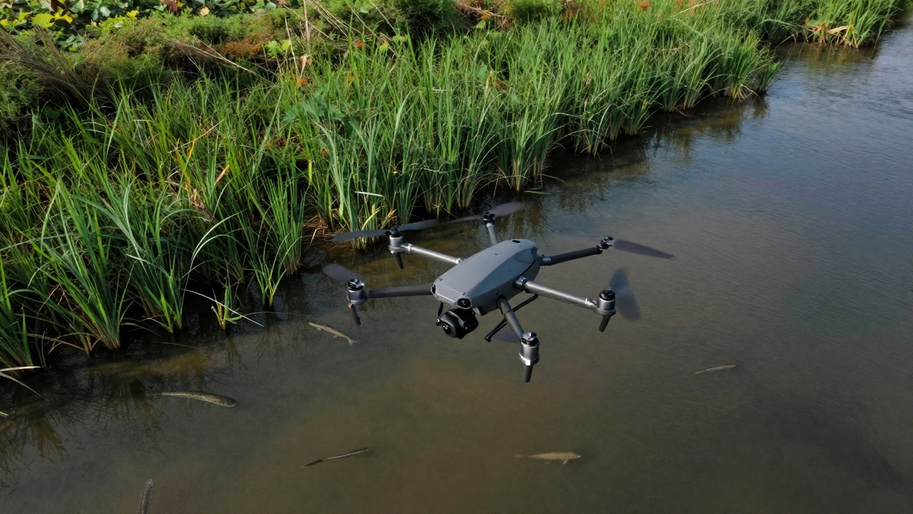 Дрон рыбнадзора в небе над речной дельтой в период нереста