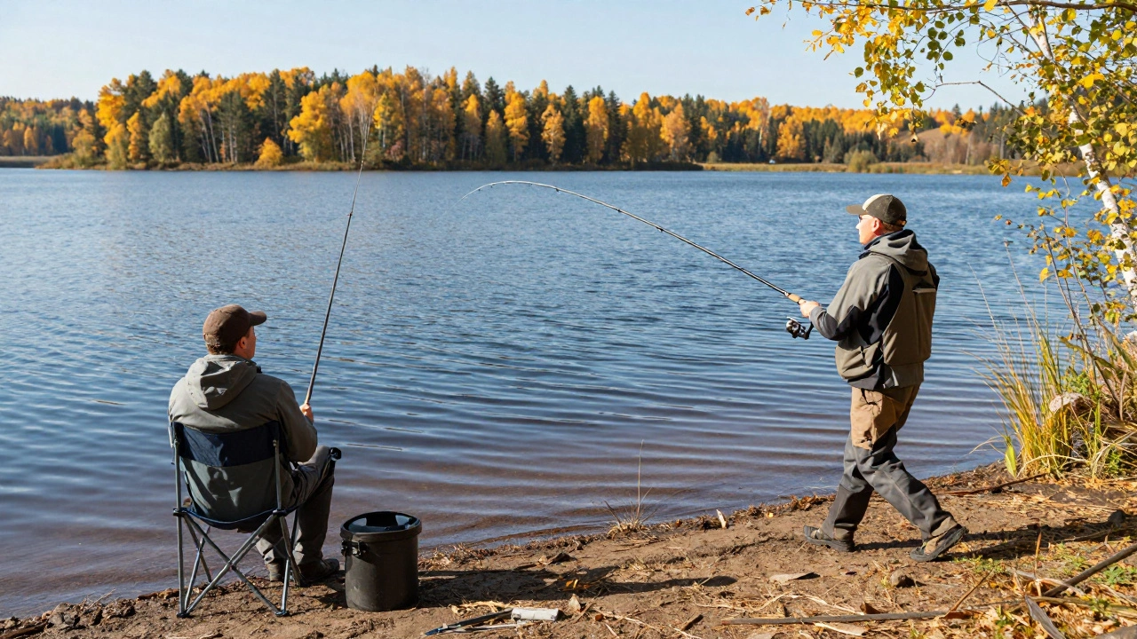 Два рыбака на озере: один ловит пассивно на фидер, другой активно на спиннинг