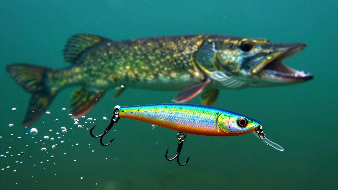 Искусственная приманка в воде и атакующая её щука