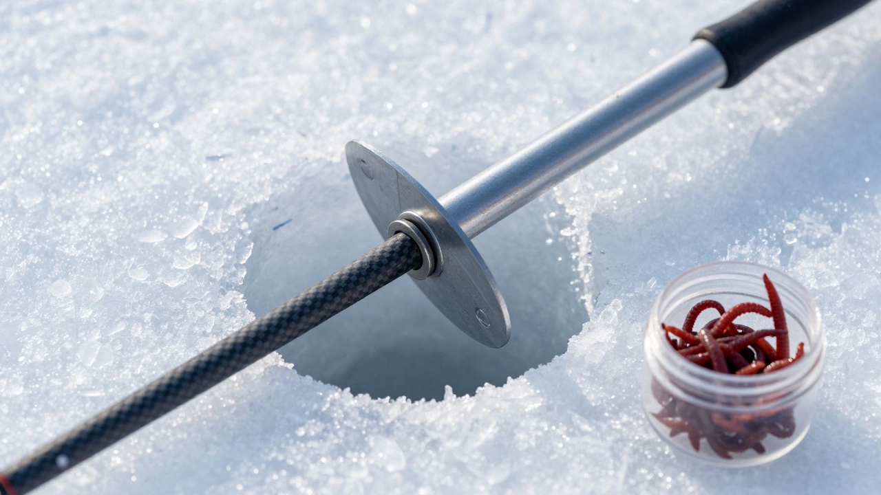 Ледобур и короткая зимняя удочка рядом с пробуренной лункой во льду