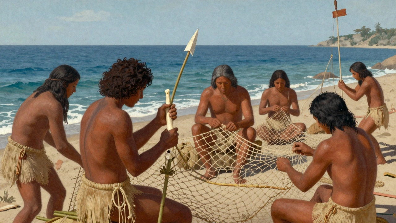 Люди палеолита изготавливают костяные гарпуны и сети из волокон