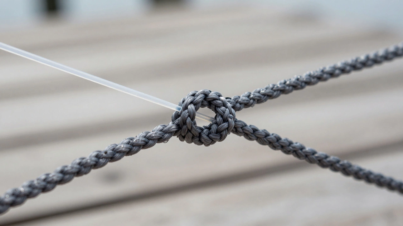 Макроснимок надежного узла Морковка при соединении репшнура с леской