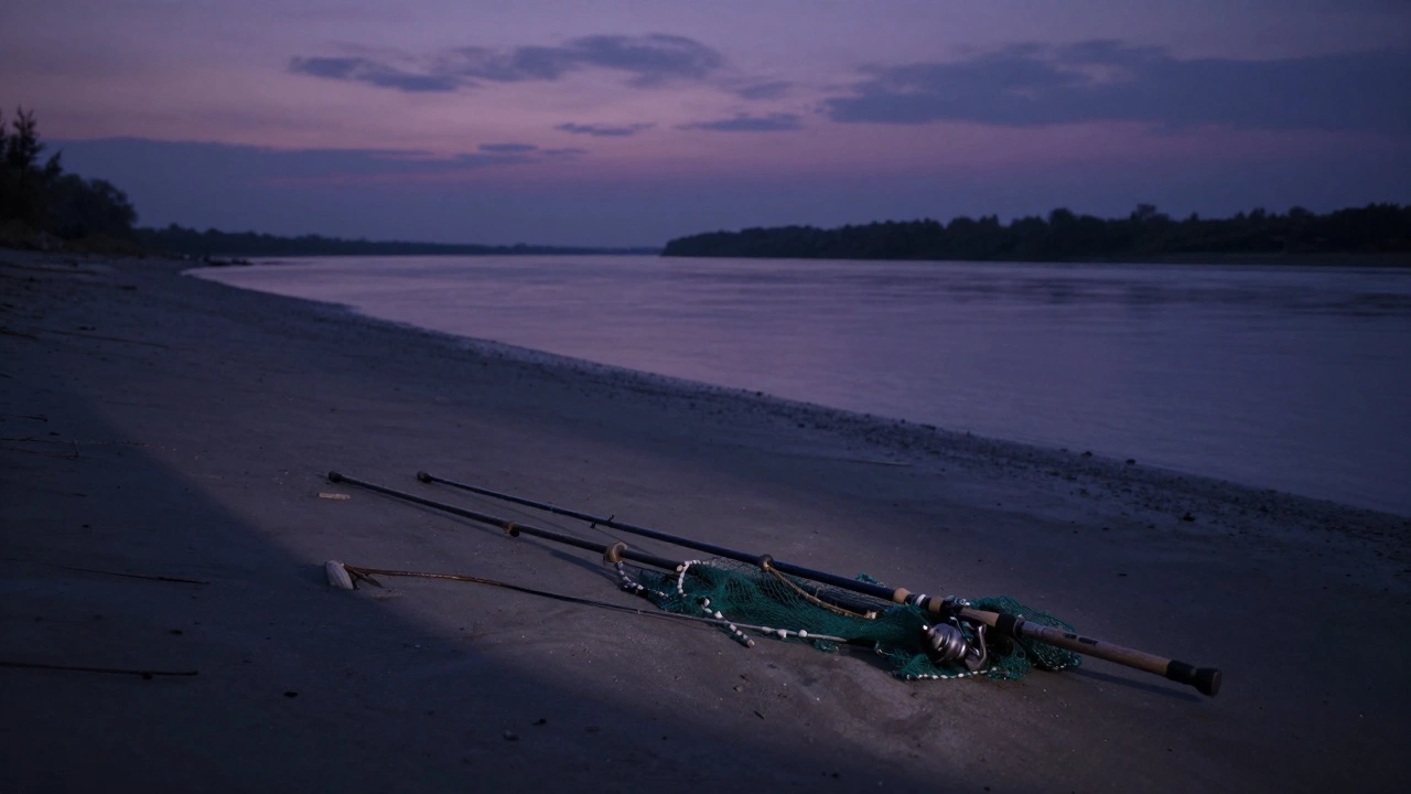 Оставленные на берегу удочки и сеть в сумерках, символизирующие конфискацию