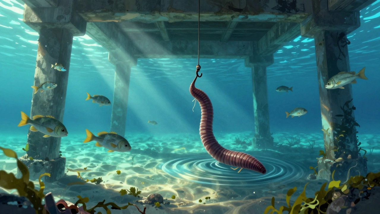 Подводный вид: червь на крючке привлекает стаю рыб под пирсом