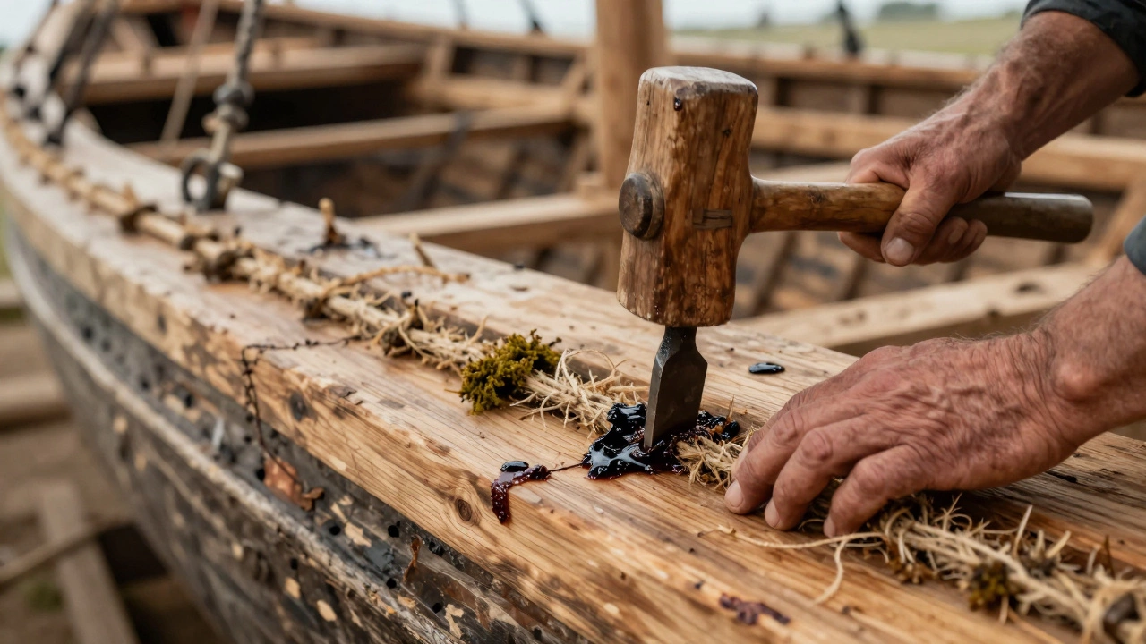 Процесс конопатки швов старинного деревянного судна