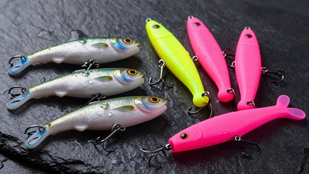 Разноцветные силиконовые приманки на мокром камне