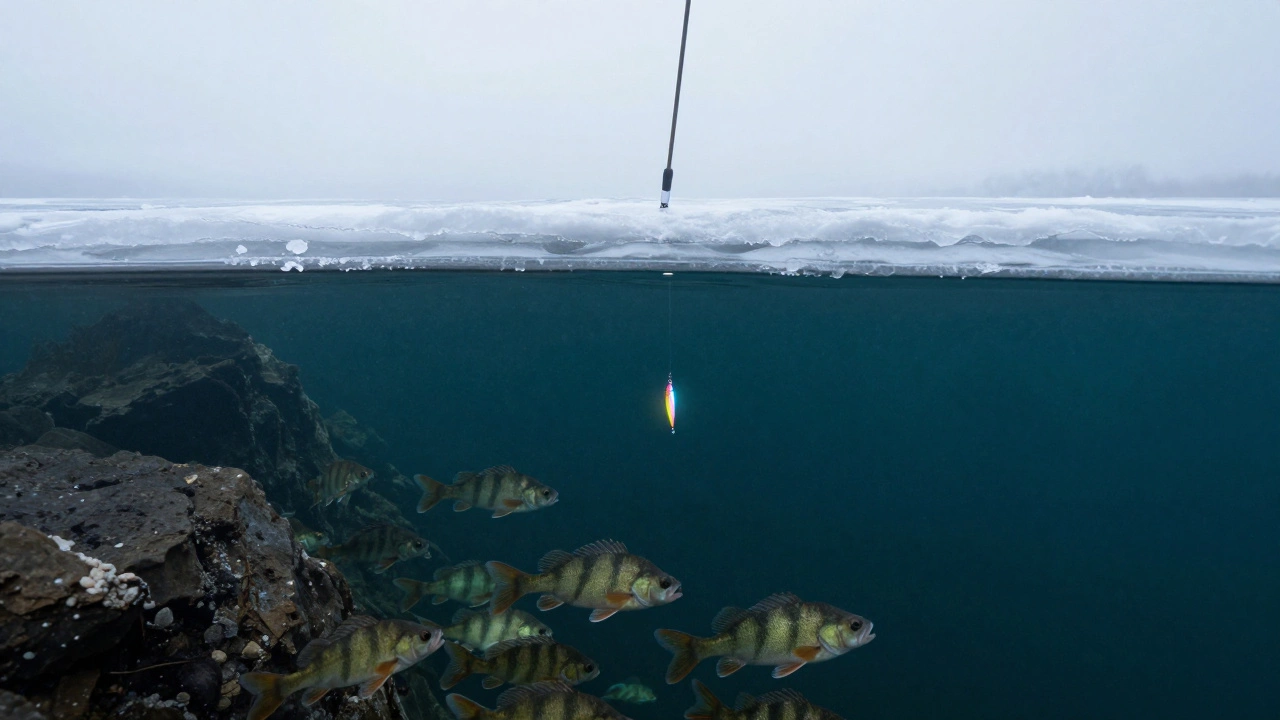 Разрез озера: рыба в глубине воды и приманка-мормышка, спускающаяся с поверхности