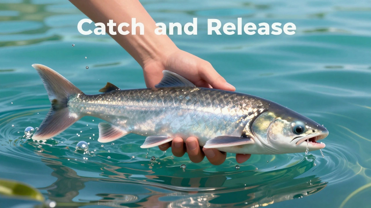 Руки осторожно отпускают редкую рыбу обратно в прозрачную речную воду