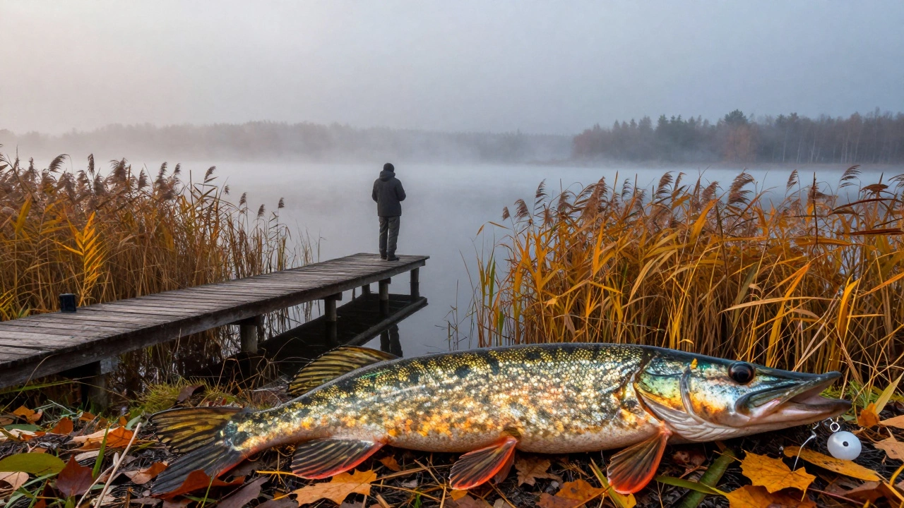 Рыбак на осеннем озере с воблером в предрассветном тумане