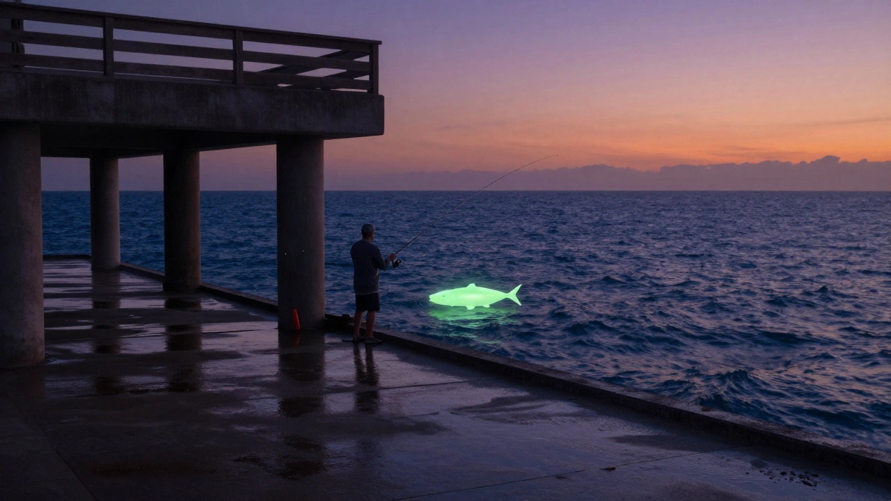 Рыбак на пирсе в сумерках с использованием светящейся силиконовой приманки