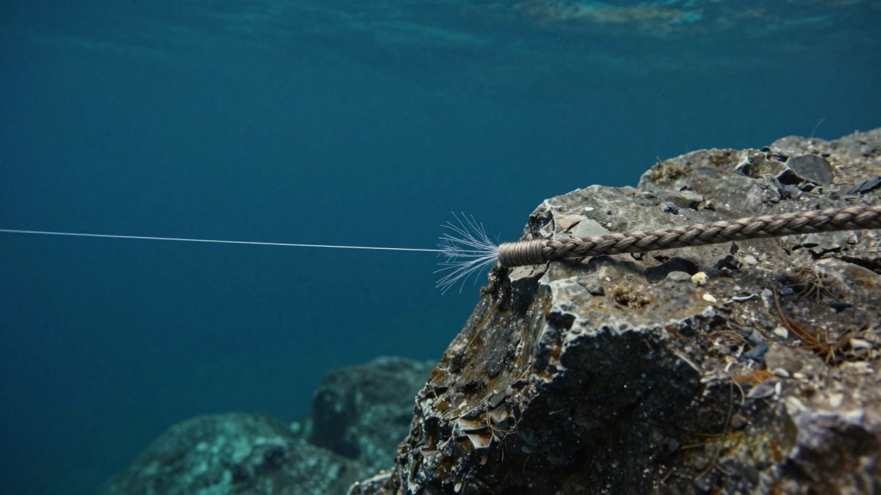 Сравнение износостойкости тонкой лески и прочного репшнура о камни под водой