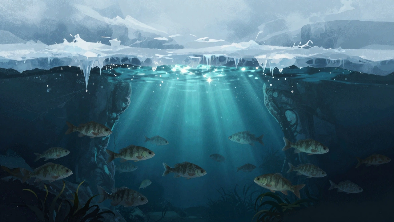 Стая рыб в глубокой холодной воде под толстым слоем льда