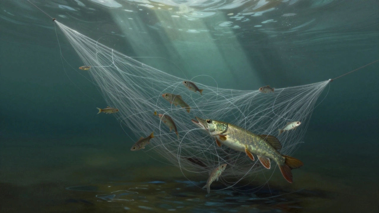 Запутанная брошенная сеть под водой с пойманной рыбой разных размеров
