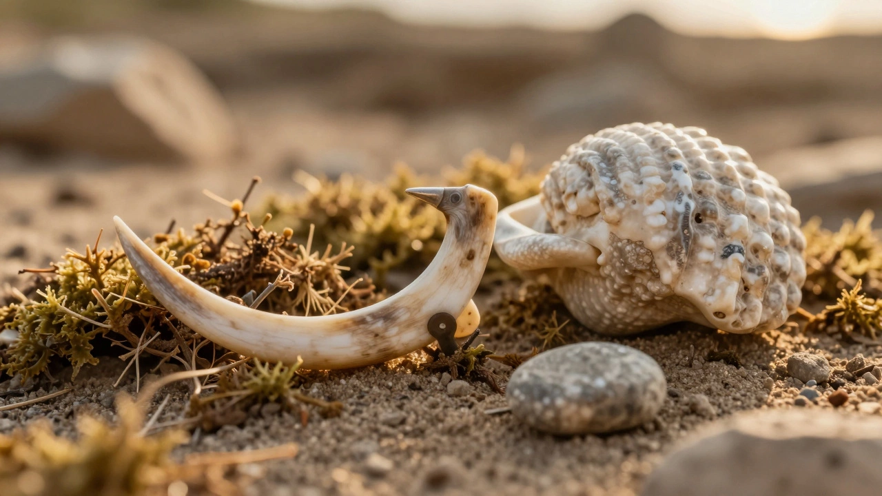 Древние костяные крючки и каменные грузила на мхе