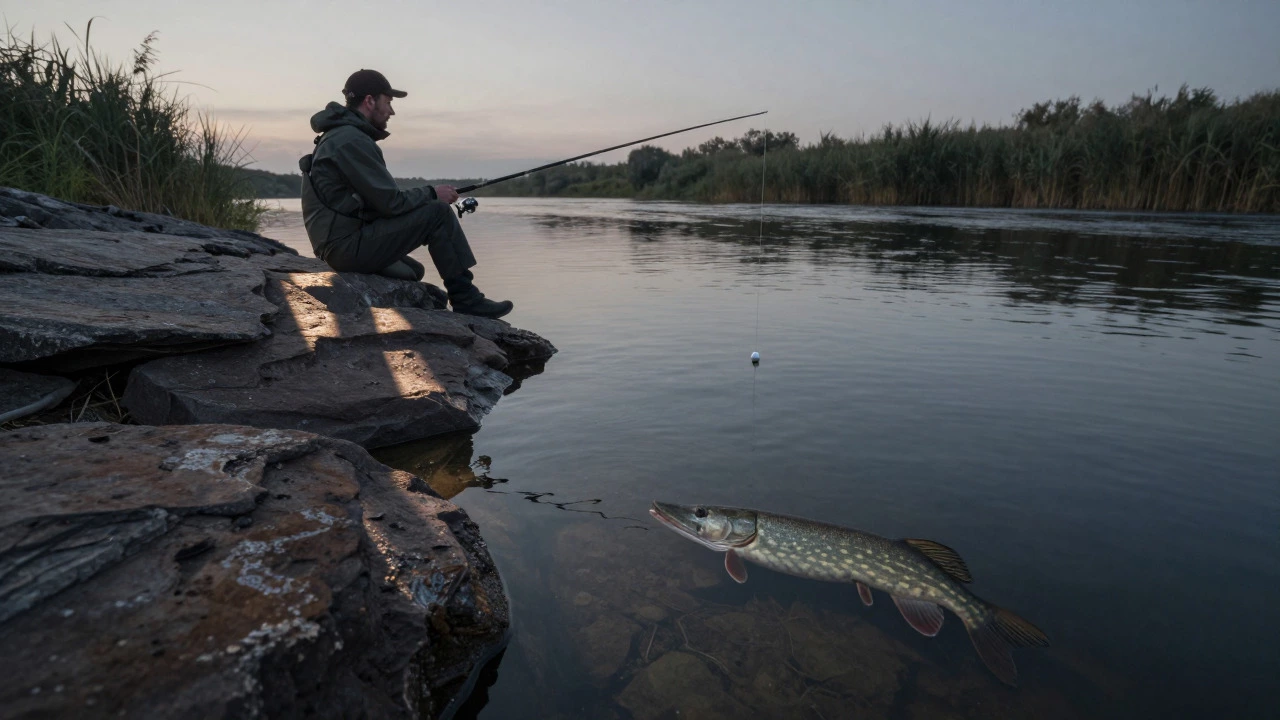 Рыбак с поплавочной удочкой у реки, под водой скрыта хищная рыба