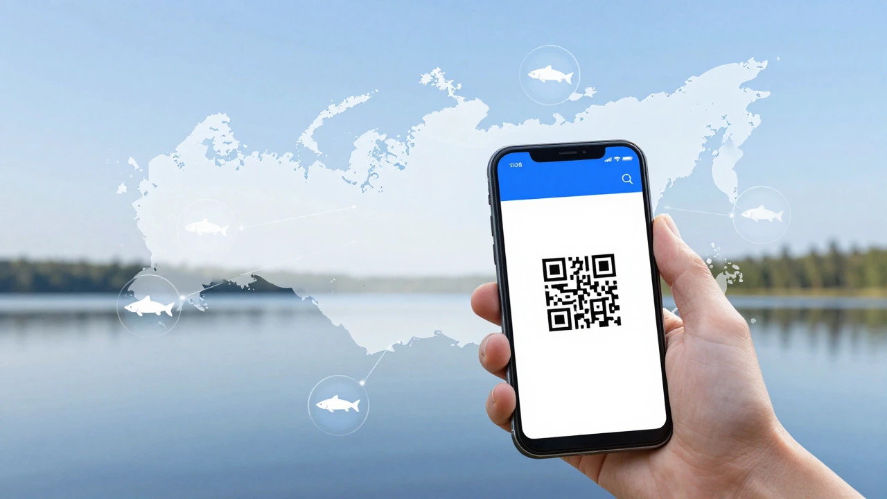 Смартфон с QR-кодом лицензии и картой России на фоне озера